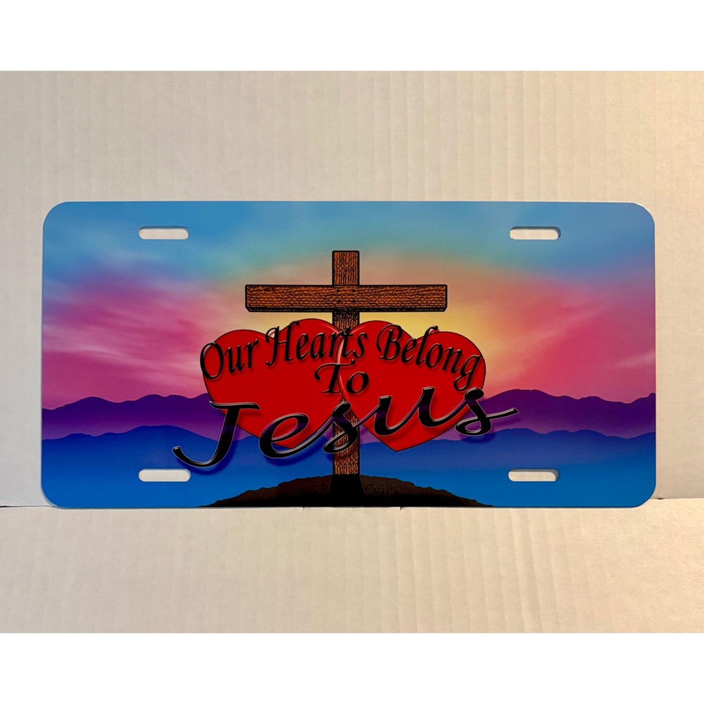 Our Hearts Belong To Jesus Christian License Plate Cross Faith Car Decor Sign